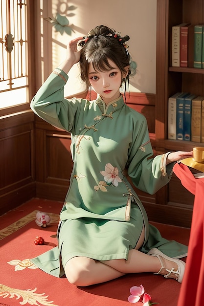 緑色の中国語のハンフー・チョンサムを着た古代の美しい女性が研究室で本を読んでいる