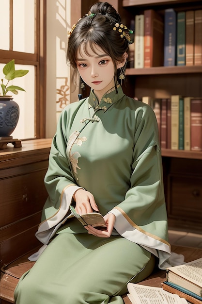 Ancient beautiful woman in green Chinese Hanfu cheongsam reading a book in the study