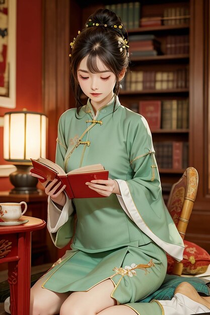 Ancient beautiful woman in green chinese hanfu cheongsam reading a book in the study