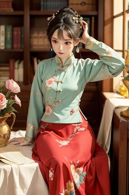 写真 緑色の中国語のハンフー・チョンサムを着た古代の美しい女性が研究室で本を読んでいる
