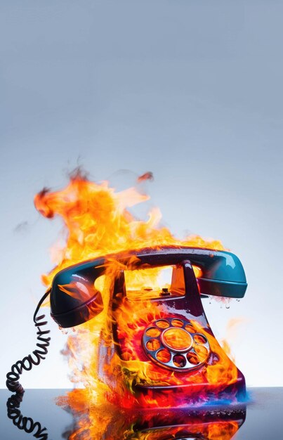 Photo an ancient black fixedline analog telephone with its receiver engulfed in flames is melting away ag