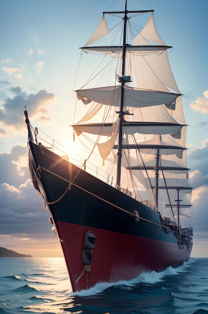 Ancient boats sail on a beach with a sunset in the background