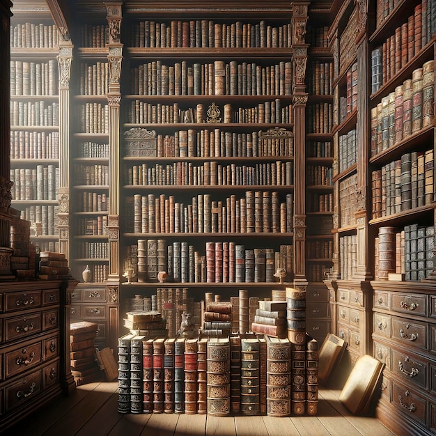 고대 책 들 이 도서관 을 장식 하고 있으며, 고전 책 들 과 희귀 한 보석 들 이 신중 히 배열 되어 있다