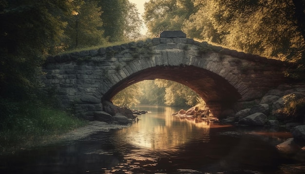 Foto antichi archi di ponte su uno stagno tranquillo in un paesaggio forestale verde generato dall'intelligenza artificiale