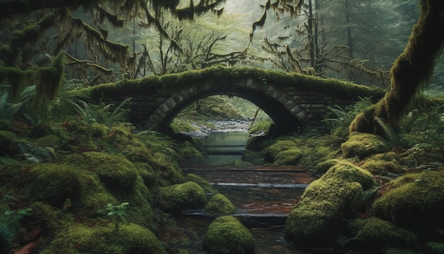 Ancient bridge crosses wet ravine in forest generative AI