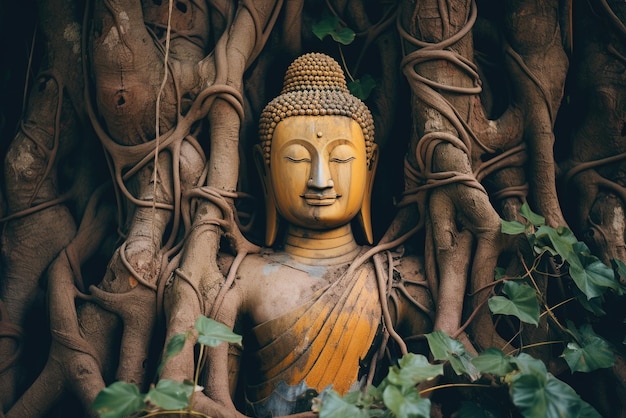 Ancient buddha statue under big tree Generative AI