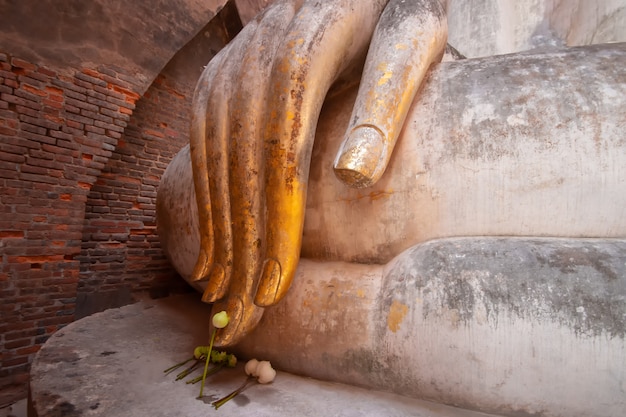 Tempio antico di chum di si di statua della statua di buddha (albero di phra achana wat si), parco storico di sukhothai, tailandia