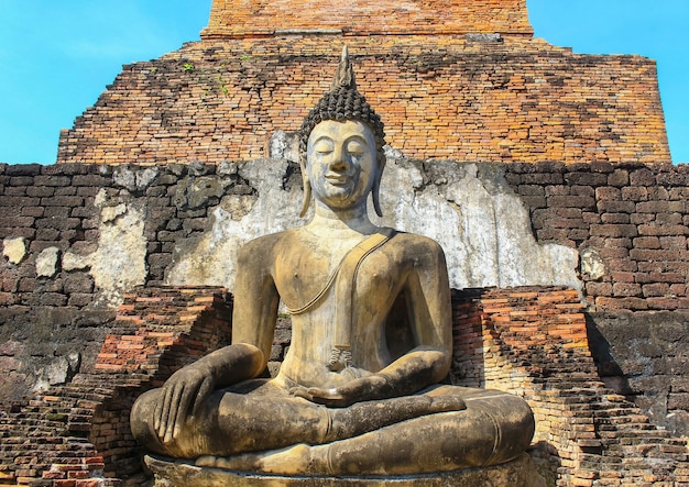 Statue antiche di buddha sul muro di mattoni arancione