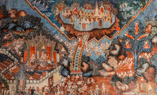 Photo ancient buddhist temple mural painting in thailand