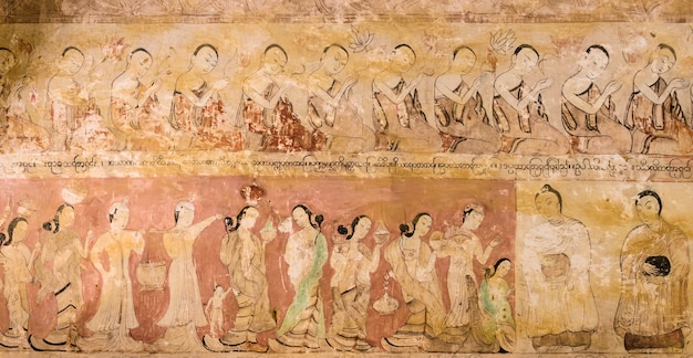 Photo ancient burmese mural in bagan temple, myanmar