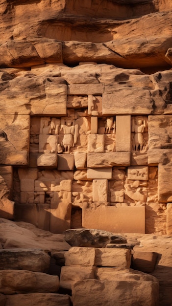 Ancient carvings on the side of a cliff in the desert