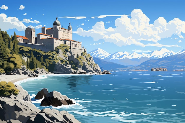 ancient castle on sea rock vector illustration