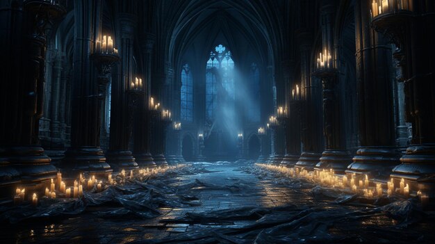 An ancient cathedral in the light of many candles