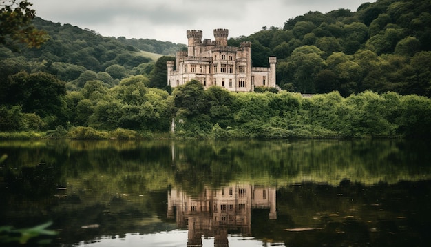 Ancient chapel reflects in tranquil pond water generated by AI