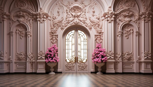 Photo ancient chapel with ornate architecture elegant altar and pink flowers generated by ai