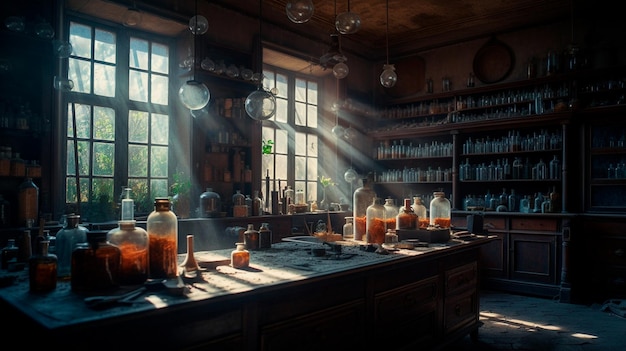 Ancient chemists laboratory with mysterious objects and experiments with atmospheric sunlight shining though dusty windows Generative AI illustrator