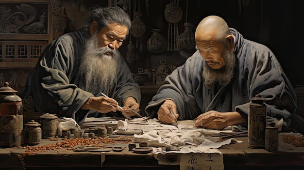 Ancient Chinese calligraphers practicing their art