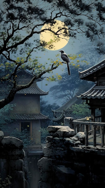 Ancient chinese courtyard clean ground bright moon magpie on the branch chinese illustration