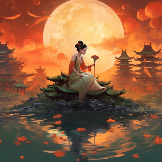 달을 향해 날아가는 고대 중국 소녀 guang Ai 생성 예술