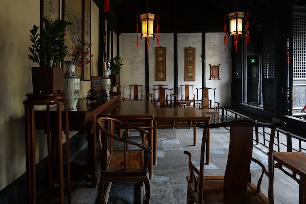 Ancient Chinese indoor hall shen hall is located in nanshi street, east of the fuan bridge in zhouzhuang, suzhou.