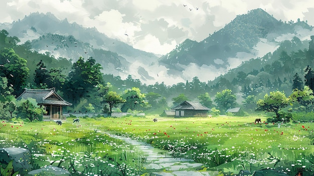 ancient chinese ink style houses paths green lawns woods hunting dogs hunters