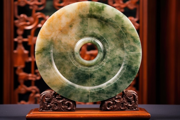 Ancient chinese jade bi disc on display stand created with generative ai