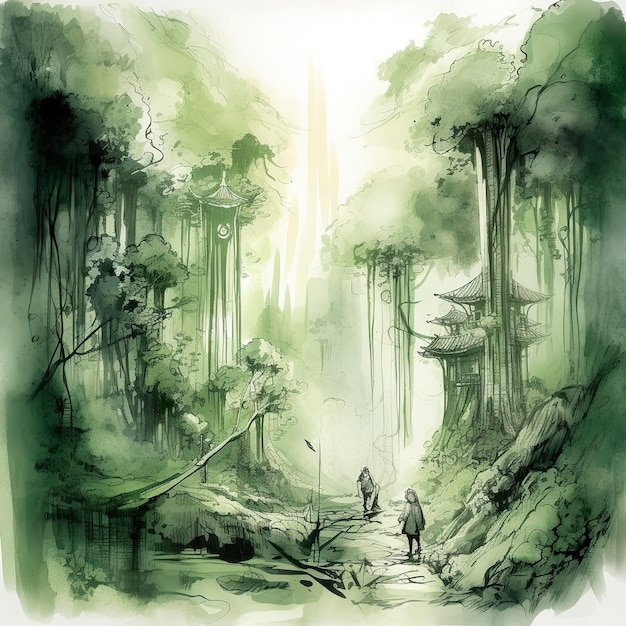 Ancient Chinese mythology beasts full body bamboo forest green a beautiful painting of Chinese Shanshui style Chinese ink style green atmosphere generat ai