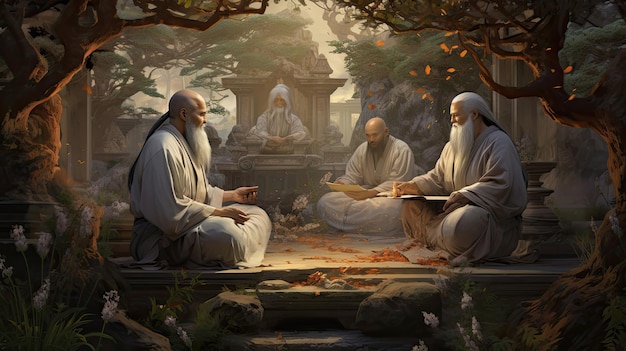Ancient Chinese sages meditating in a serene garden