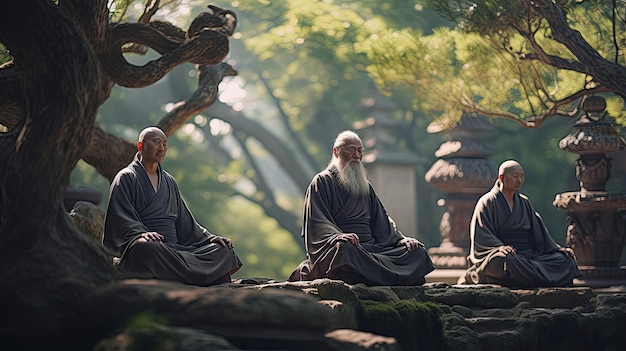 Ancient Chinese sages meditating in a serene garden