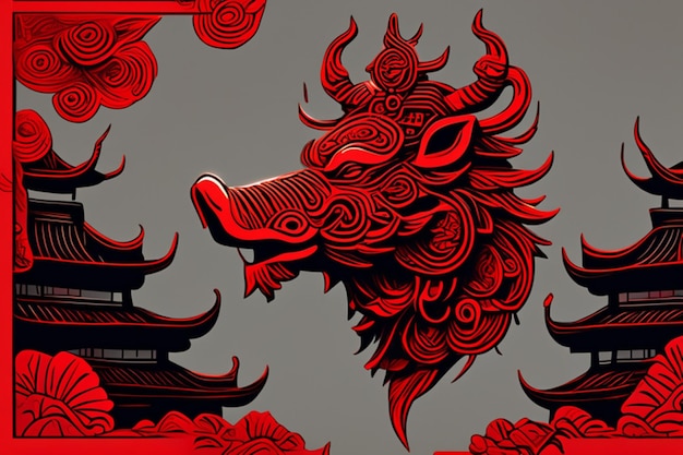 Ancient Chinese style boar king totem silhouette detailed perfect compositionline graphic