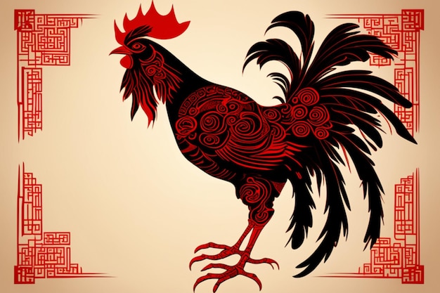 Ancient Chinese style cock king totem silhouette detailed perfect compositionline graphic black