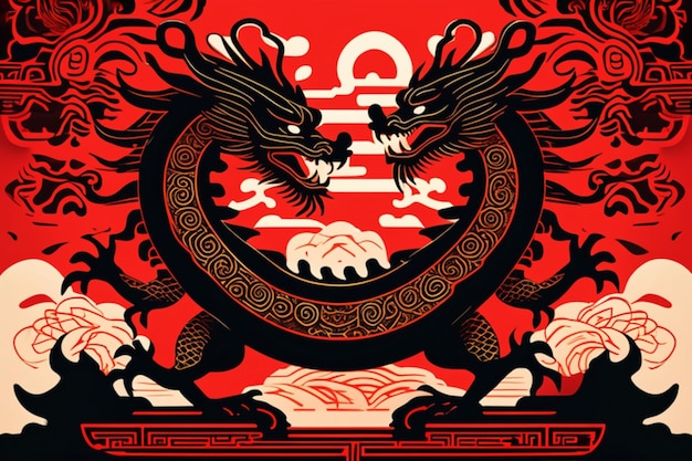 Ancient Chinese style dragon king totem silhouette detailed perfect compositionline graphic