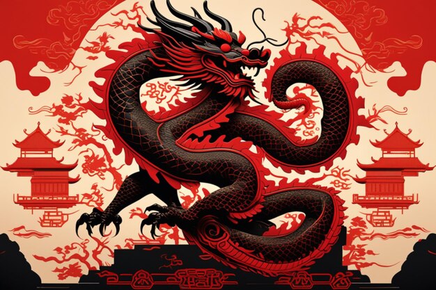 Ancient Chinese style dragon king totem silhouette detailed perfect compositionline graphic