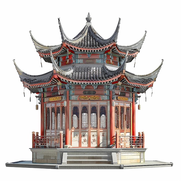 고대 중국 양식의 요정 나라 파빌리온 건물 측면 전망