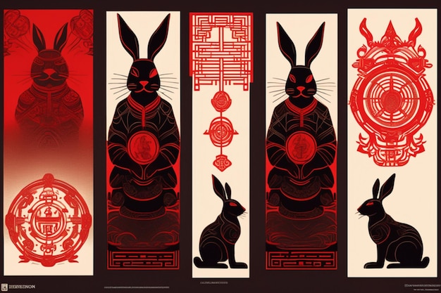 Ancient Chinese style rabbit king totem silhouette detailed perfect compositionline graphic