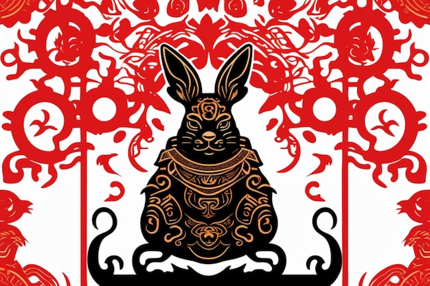 Ancient Chinese style rabbit king totem silhouette detailed perfect compositionline graphic