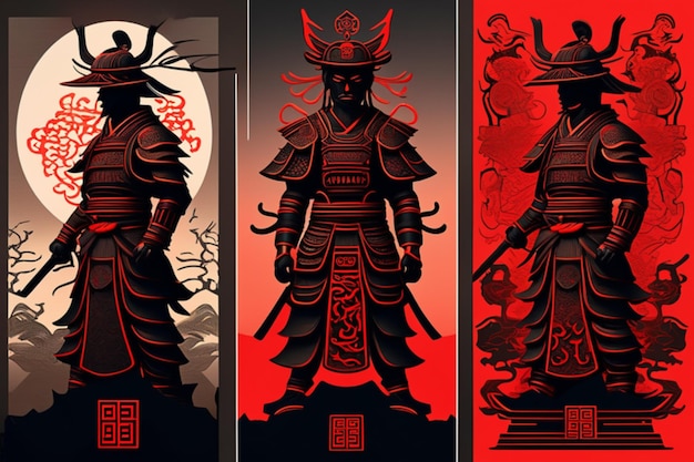 Ancient Chinese style samurai king totem silhouette detailed perfect compositionline graphic