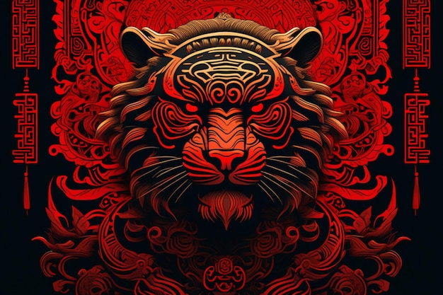 Ancient Chinese style tiger king totem silhouette detailed perfect compositionline graphic black