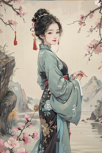 Ancient chinese traditional beauty country style hanfu ink watercolor illustration wallpaper