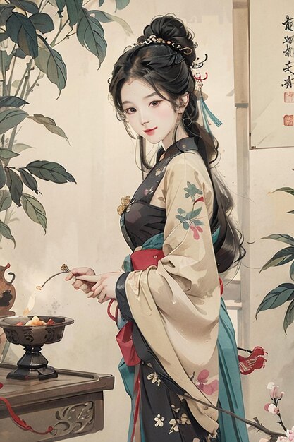 Ancient chinese traditional beauty country style hanfu ink watercolor illustration wallpaper