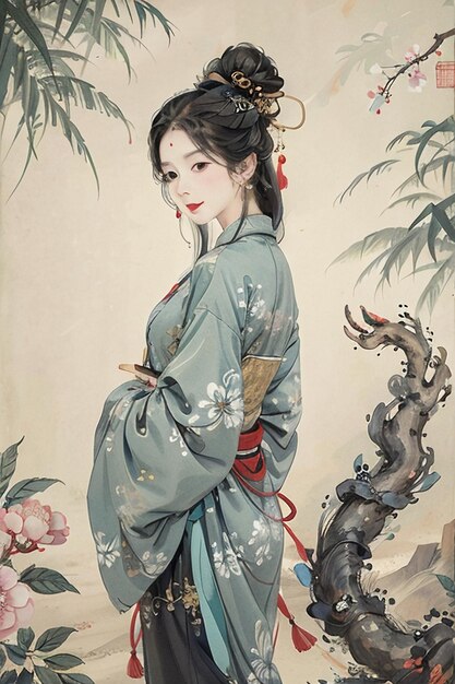 古代中国の伝統美カントリースタイルの漢服インク水彩イラストの壁紙