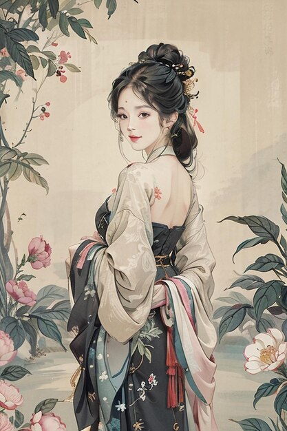 Ancient Chinese Traditional Beauty Country Style Hanfu Ink Watercolor Illustration Wallpaper