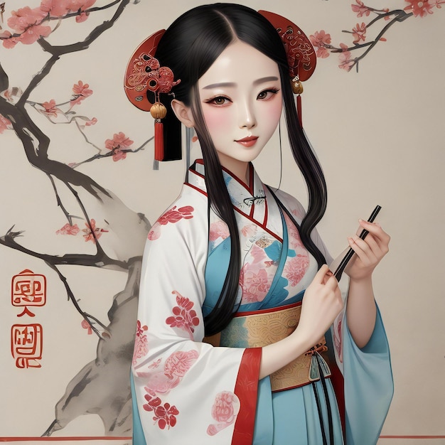 Ancient Chinese Traditional Girl Watercolor Illustration Wallpaper