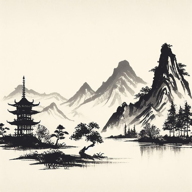 Photo ancient chinesejapanese painting beautiful scenery