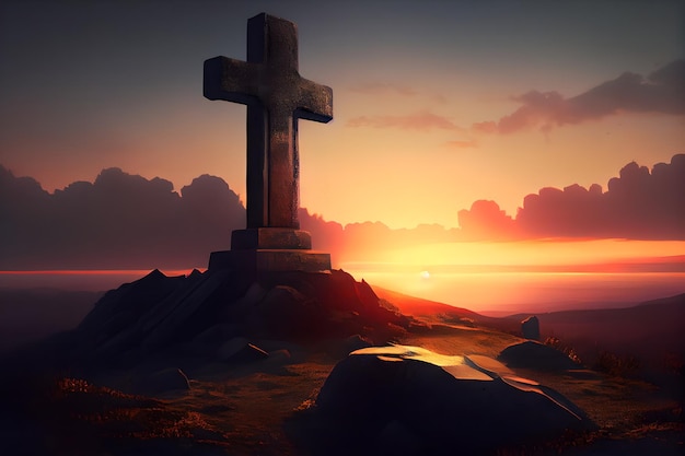 Ancient Christian cross abandoned on a mountain on darks clouds background