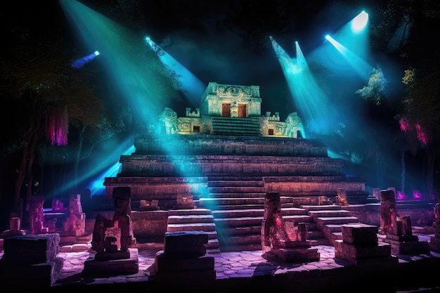 The ancient city of Pattaya Thailand a breathtaking image of a Mayan ceremonial site illuminated by vibrant glowing lights that stretch out from the structure AI Generated