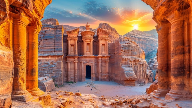 ancient city of Petra Jordan viewed from the Siq at sunrise