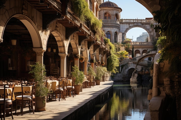 Ancient City Tower Bridge Fair Fountain and Gardens in Morning Harmony generative IA