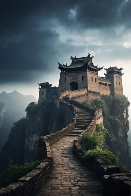 Photo an ancient city wall with an unfolding map of china