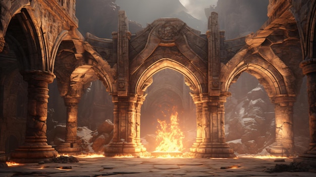 Ancient classic architecture stone arches with flame